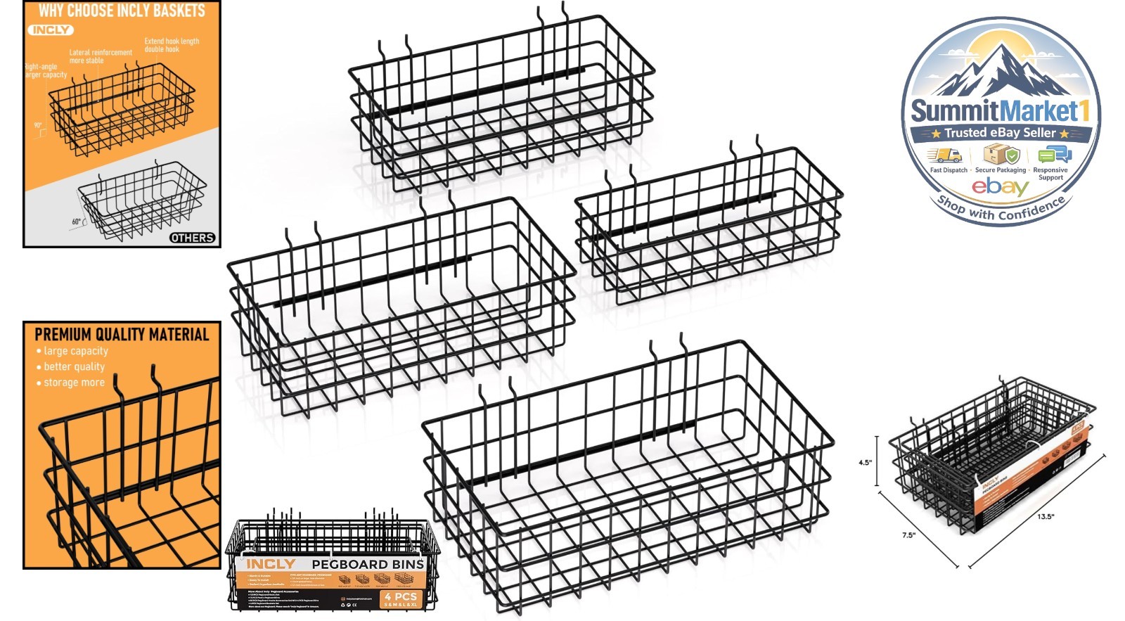 4 Pack Black Metal Pegboard Baskets Set for Garage Wall Storage