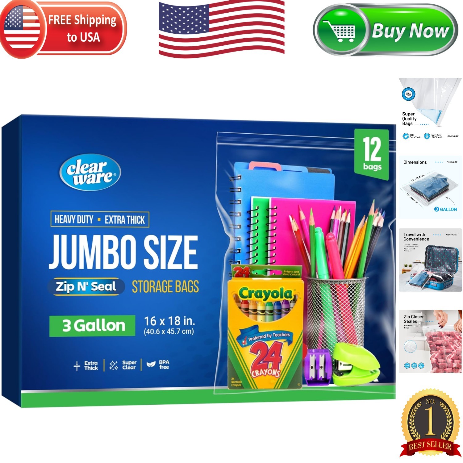 BPA-Free 12 Pack Large Storage Bags with Zipper - 3 Gallon, Perfect for Packing