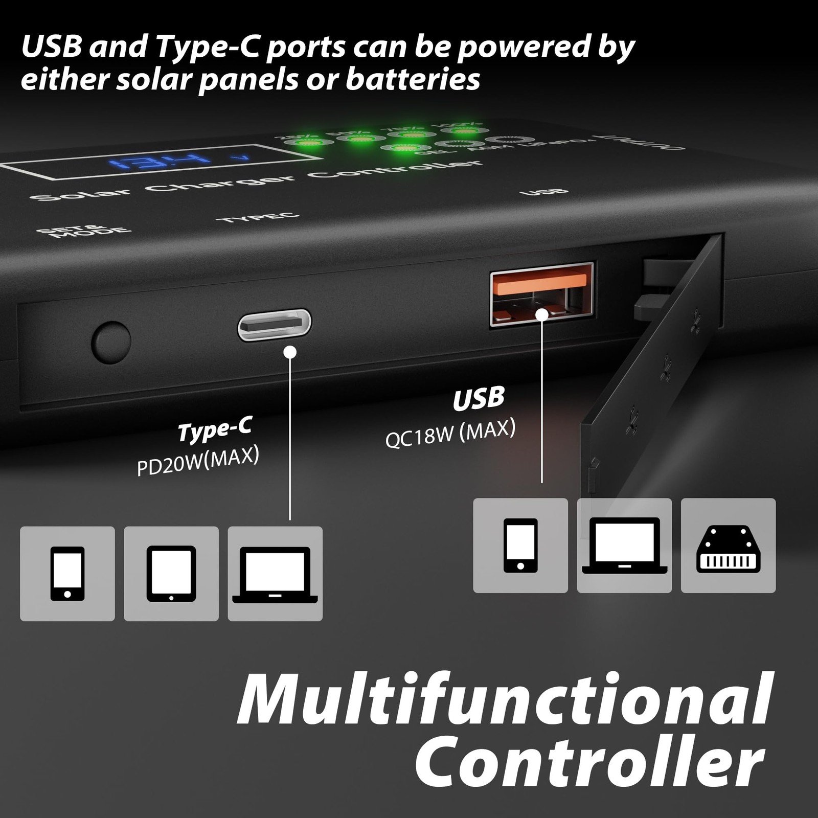 Solar Charge Controller 12V 20A, Solar Panel Charge Controller with Type-C and U