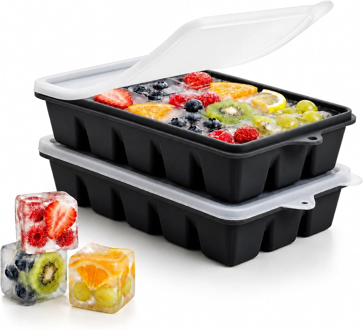 Silicone Ice Cube Trays with Lid,  2 Pack Ice Cube Molds, Easy Release Ice Cube