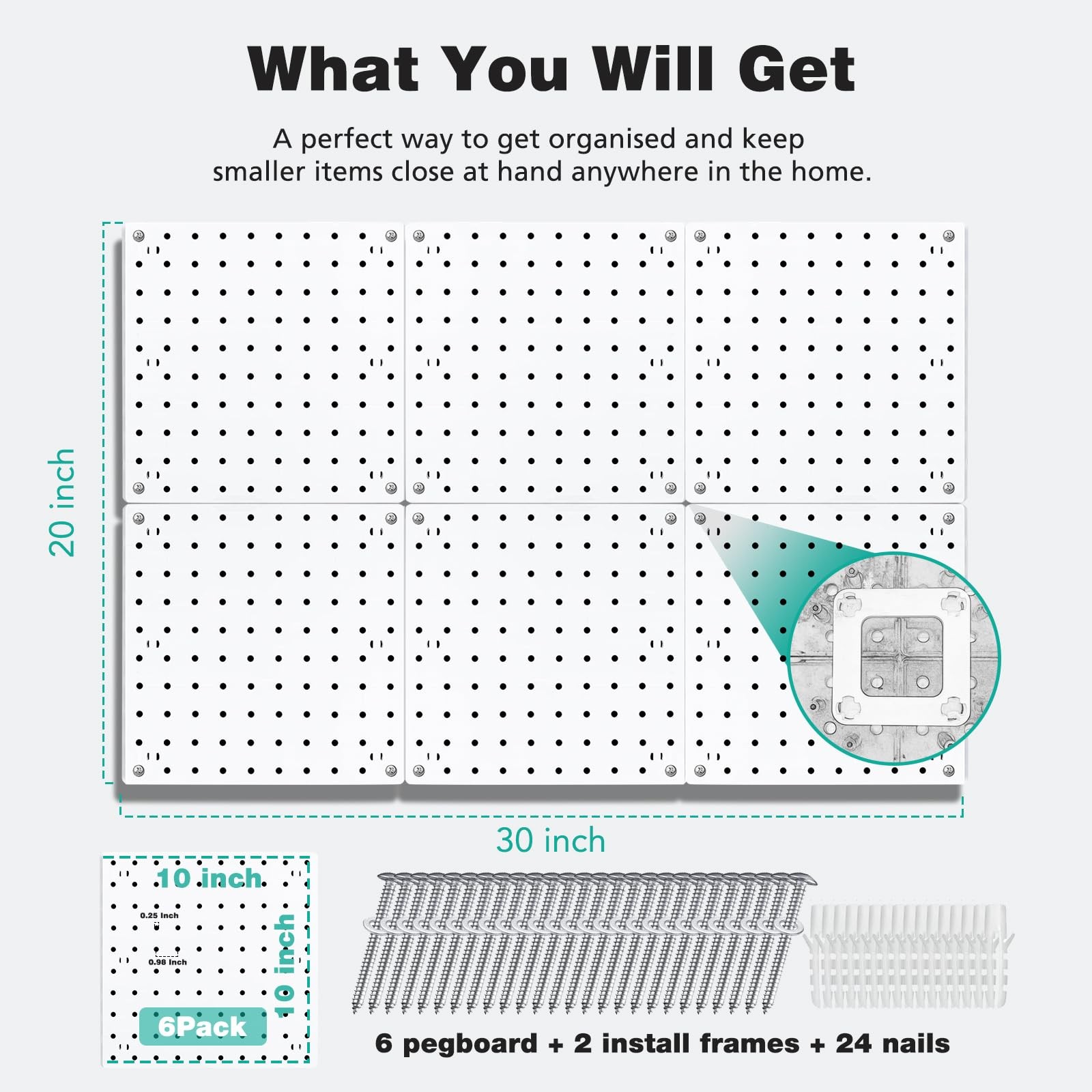 BOLUTDIF 6Pcs Peg board, Pegboard Wall Organizer Panels, Small white