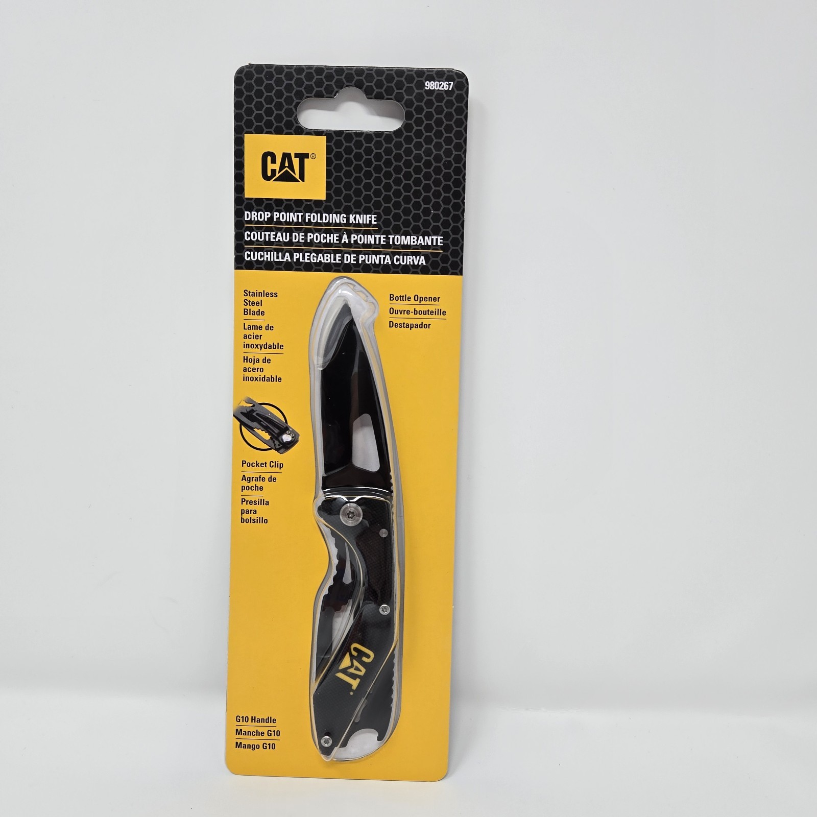 Cat 5 Inch Drop Point Folding Knife Stainless Steel Blade Clip Bottle Opener New