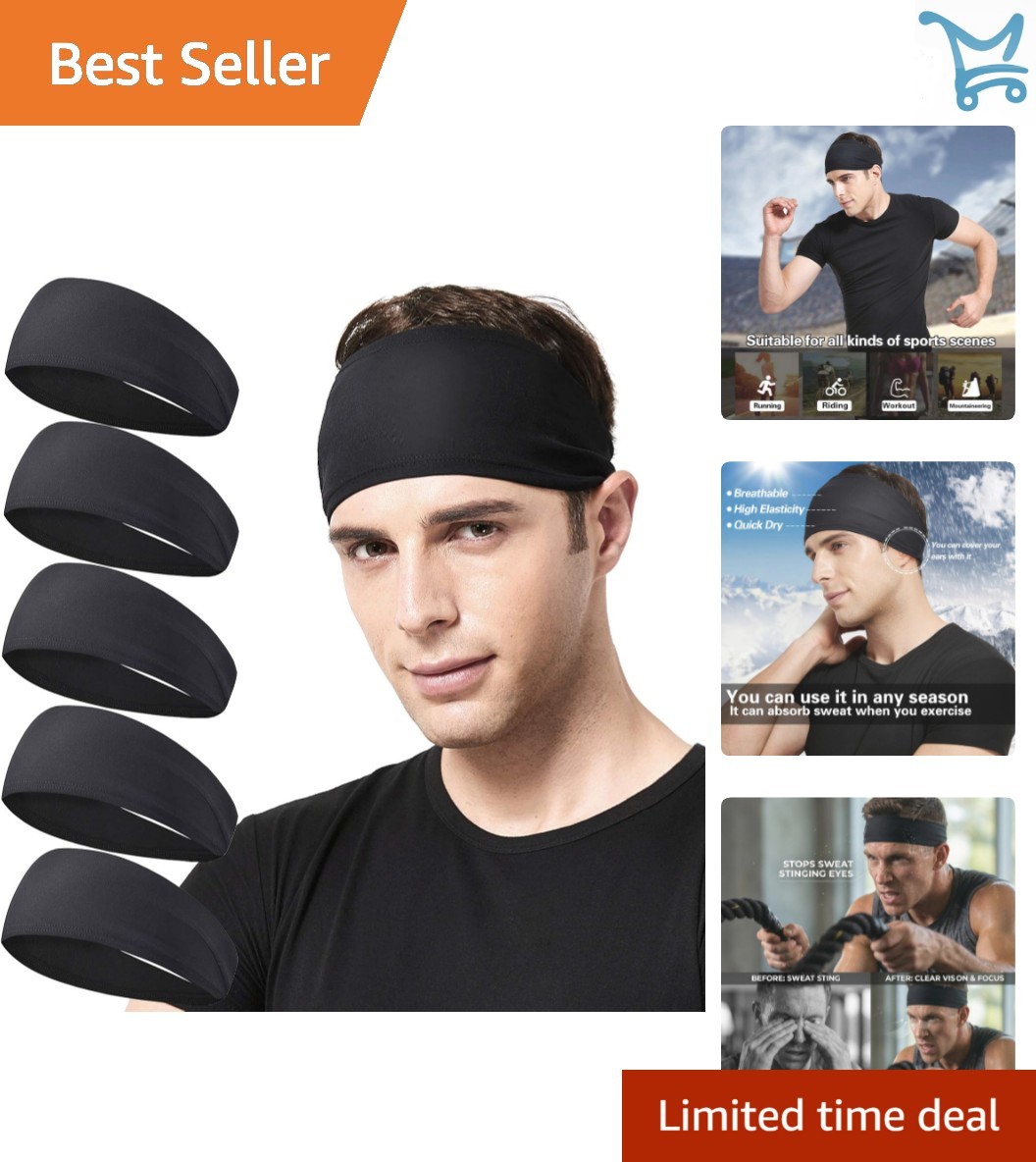 Mens Sports Headband 5Pack Nylon Sweatbands for Running Cycling Yoga Fitness