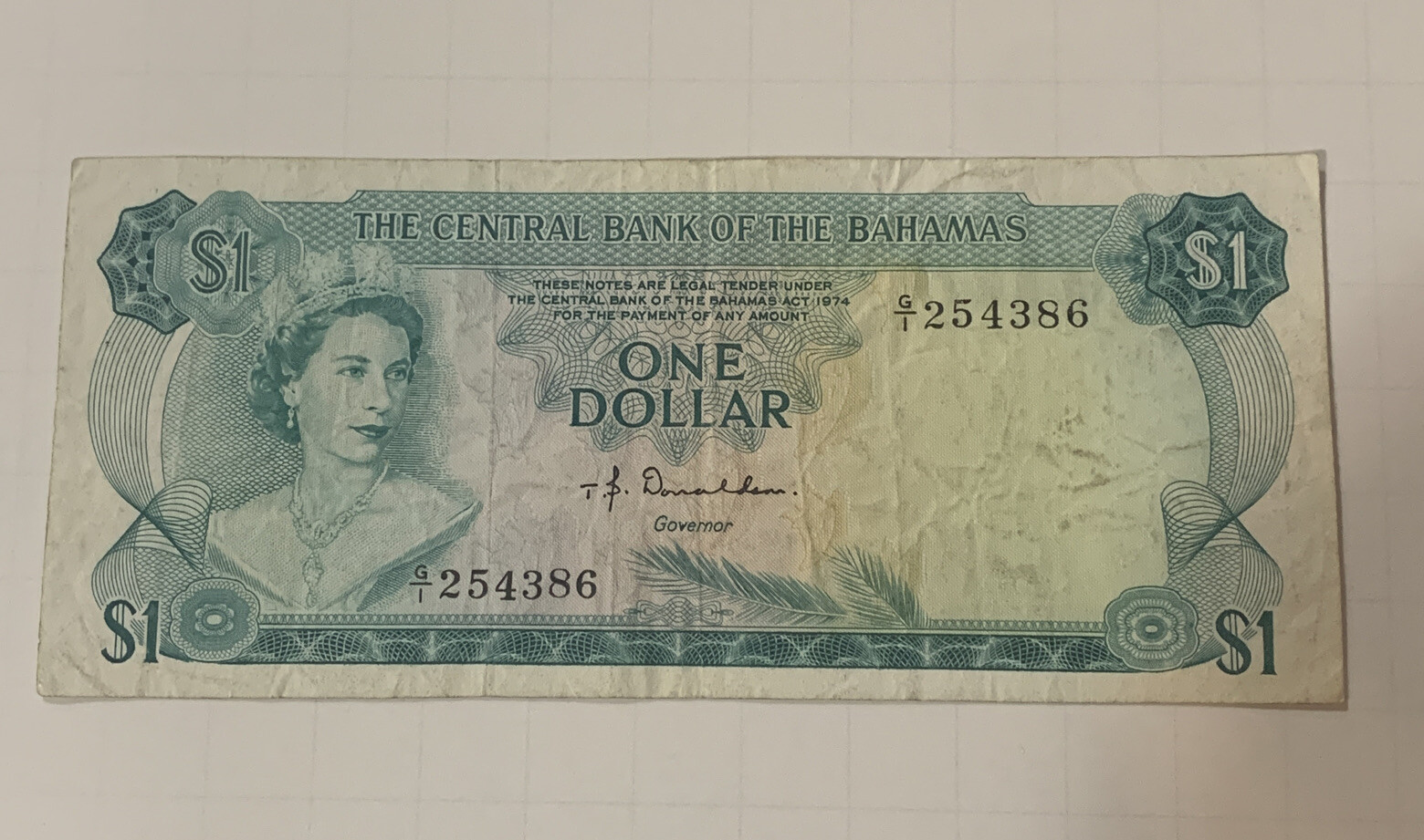1974 Bahamas One Dollar $1 Currency Bill Bank Note