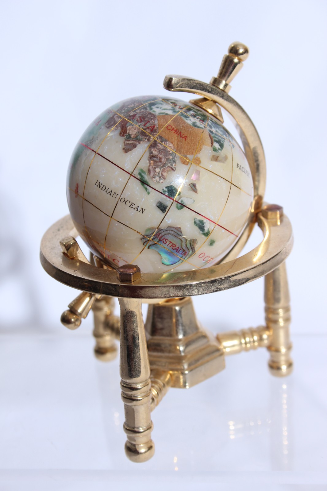 Gemstone Desktop Globe Brass Stand 4” Tall