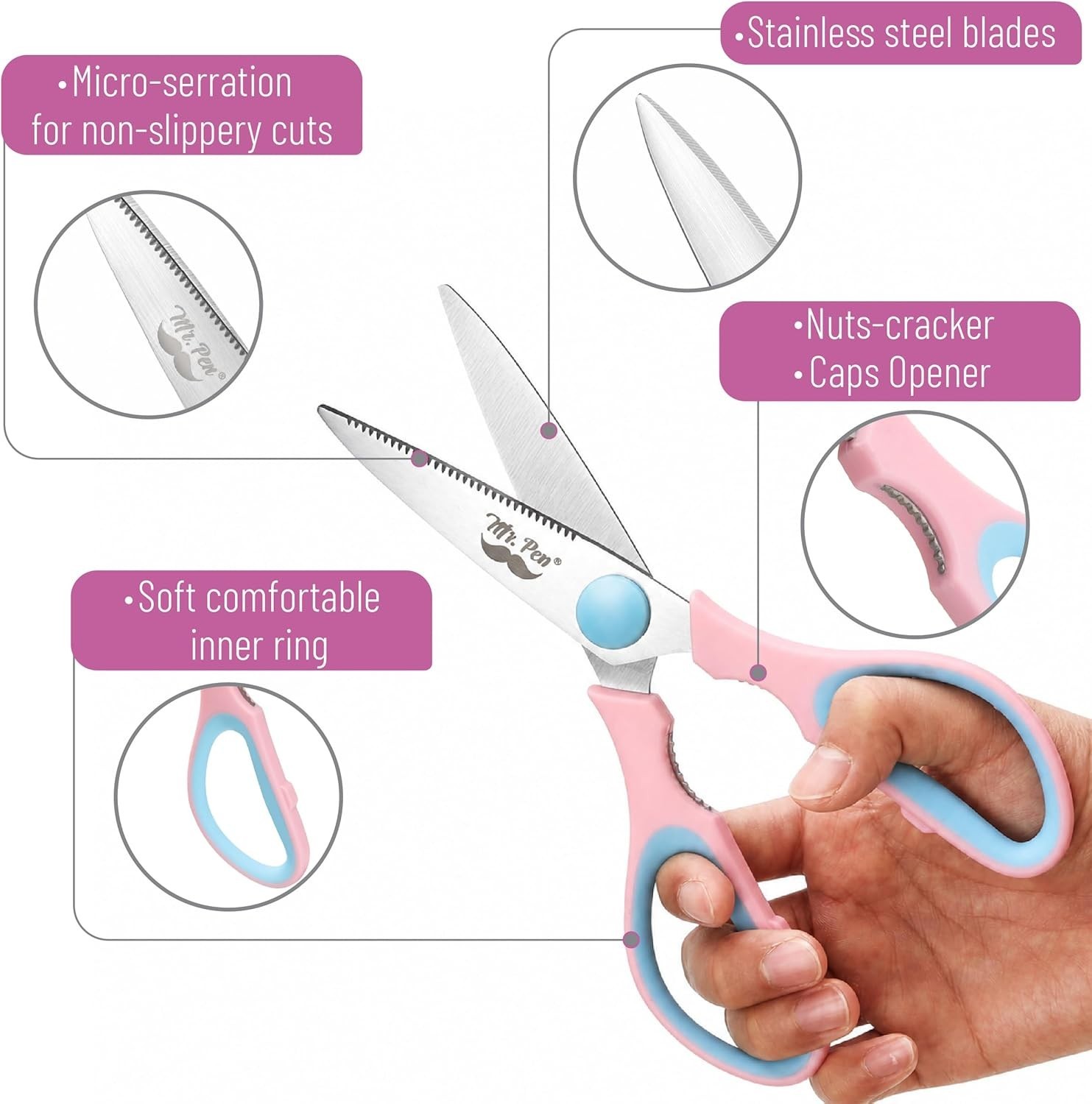 Versatile 8-Inch Kitchen Shears - Pink & Blue, Micro-Serrated Stainless Steel