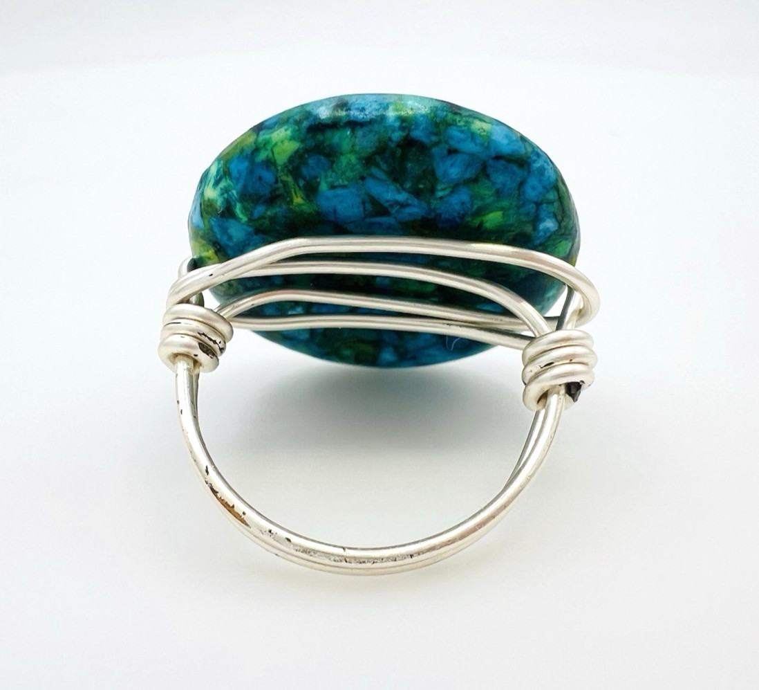 Handcrafted Silver Plated Wire Wrapped Mosaic Composite Stone Ring Size 8