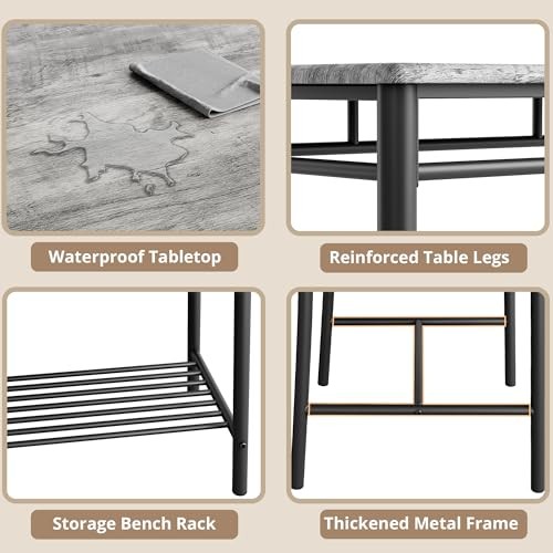 Dining Table Set for 4, Kitchen Table with Upholstered Bench and 2 Grey