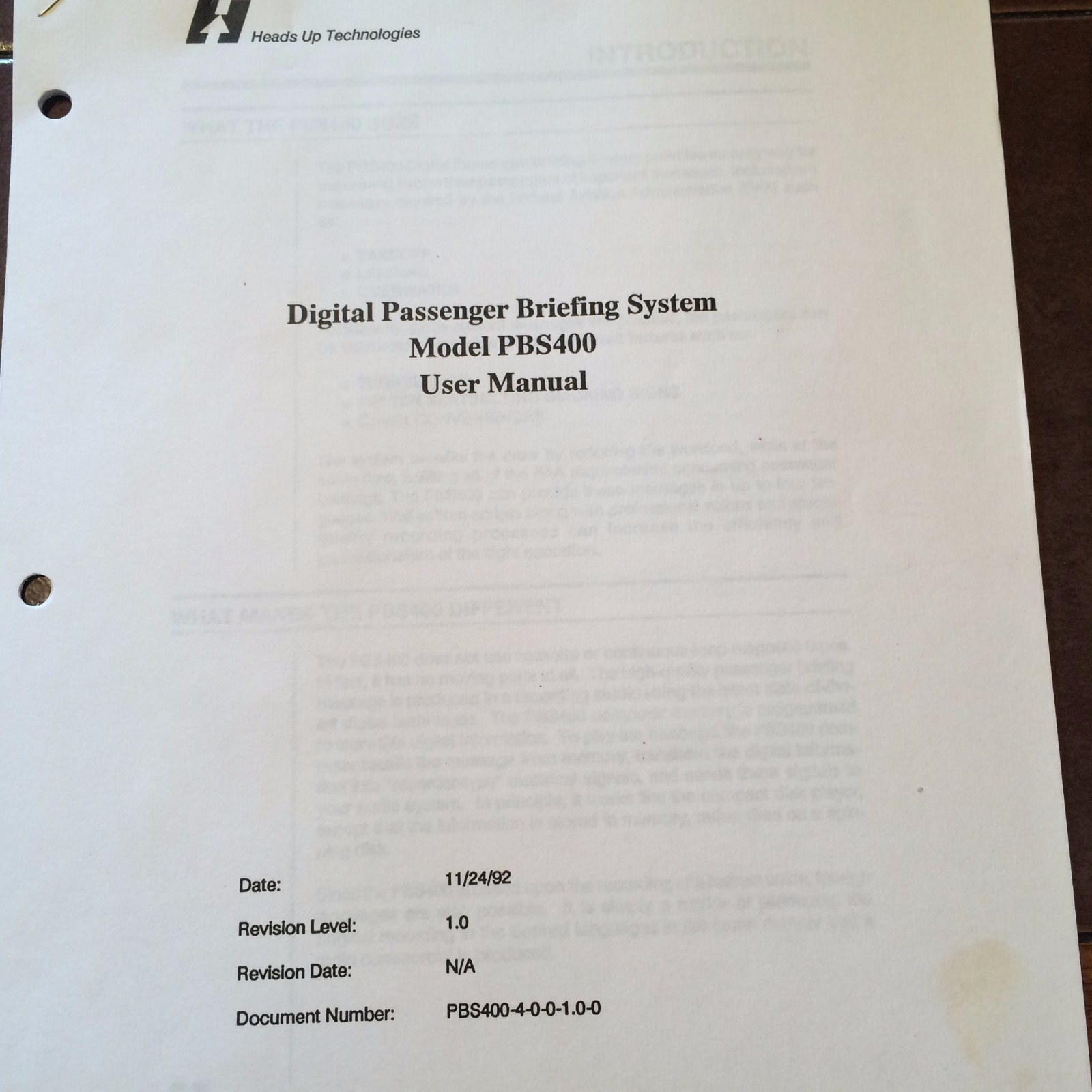 Head's Up Technologies PBS400 Digital Passenger Briefing User Manual