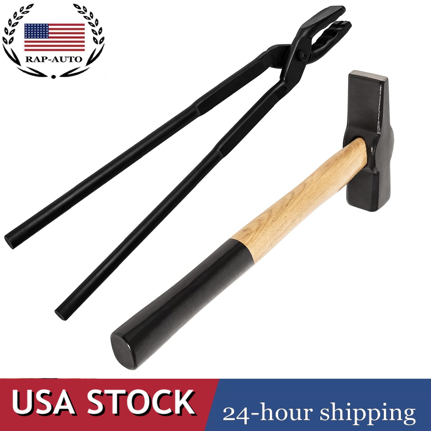 Blacksmith Wolf Jaw Tongs 16"+Blacksmiths' Hammer for Making Knife, Forged Tongs