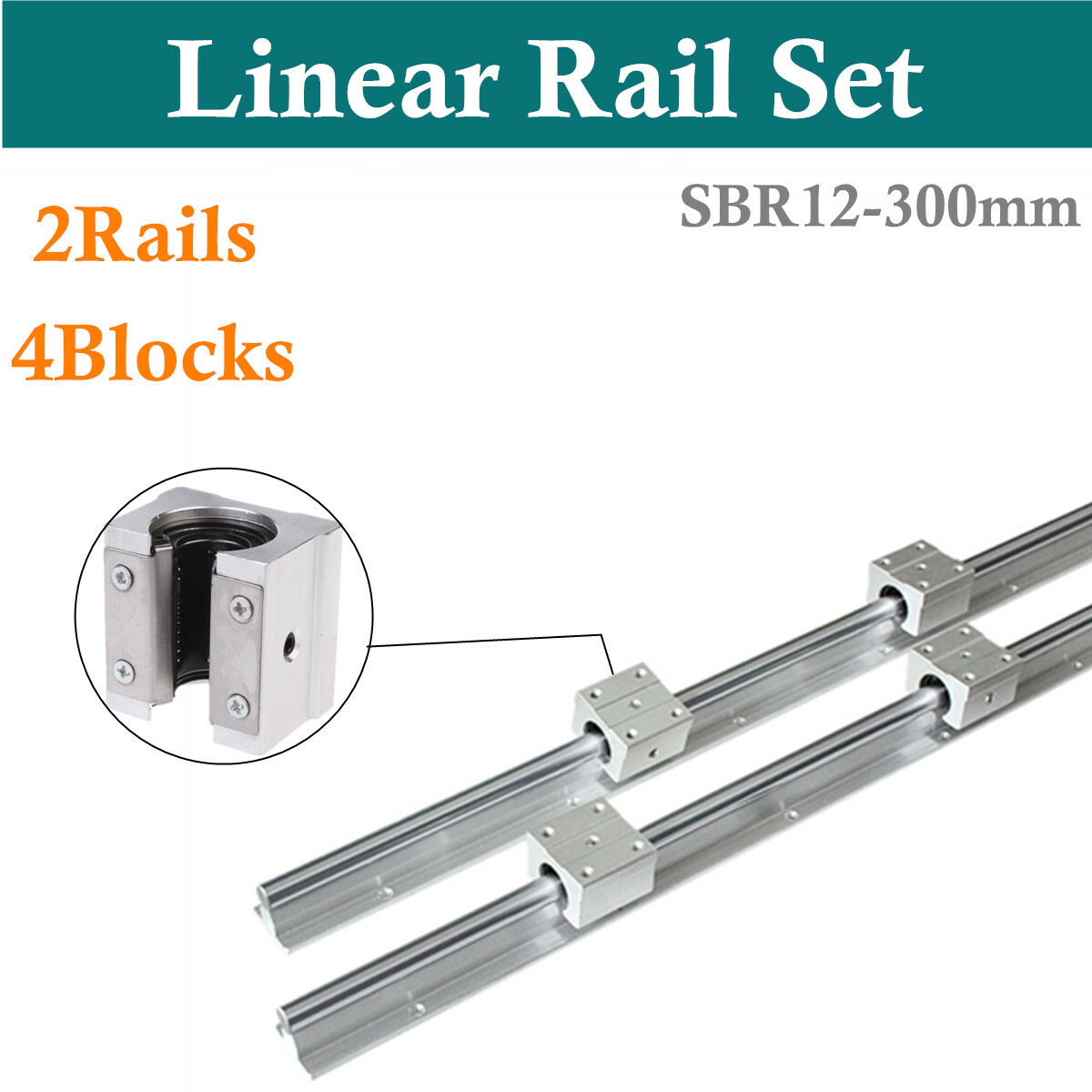 2X SBR12-300mm Linear Slide Rail Guide Shaft Fully Supported + 4X SBR12UU Blocks