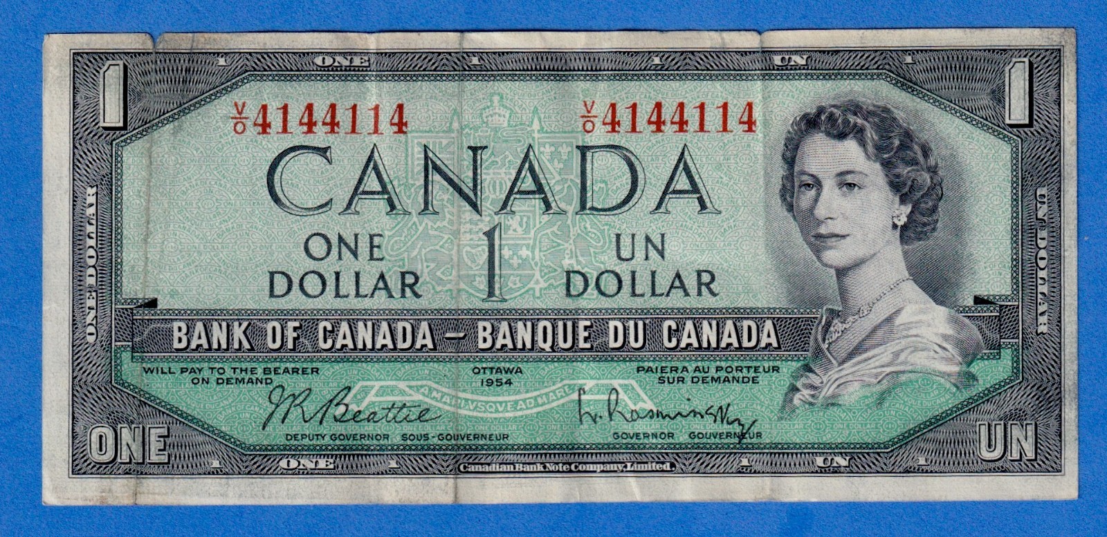 Canada $1 1954 BC-37b / P-74b - QE II - Circ. Note  V/O 4144114  2 digit serial