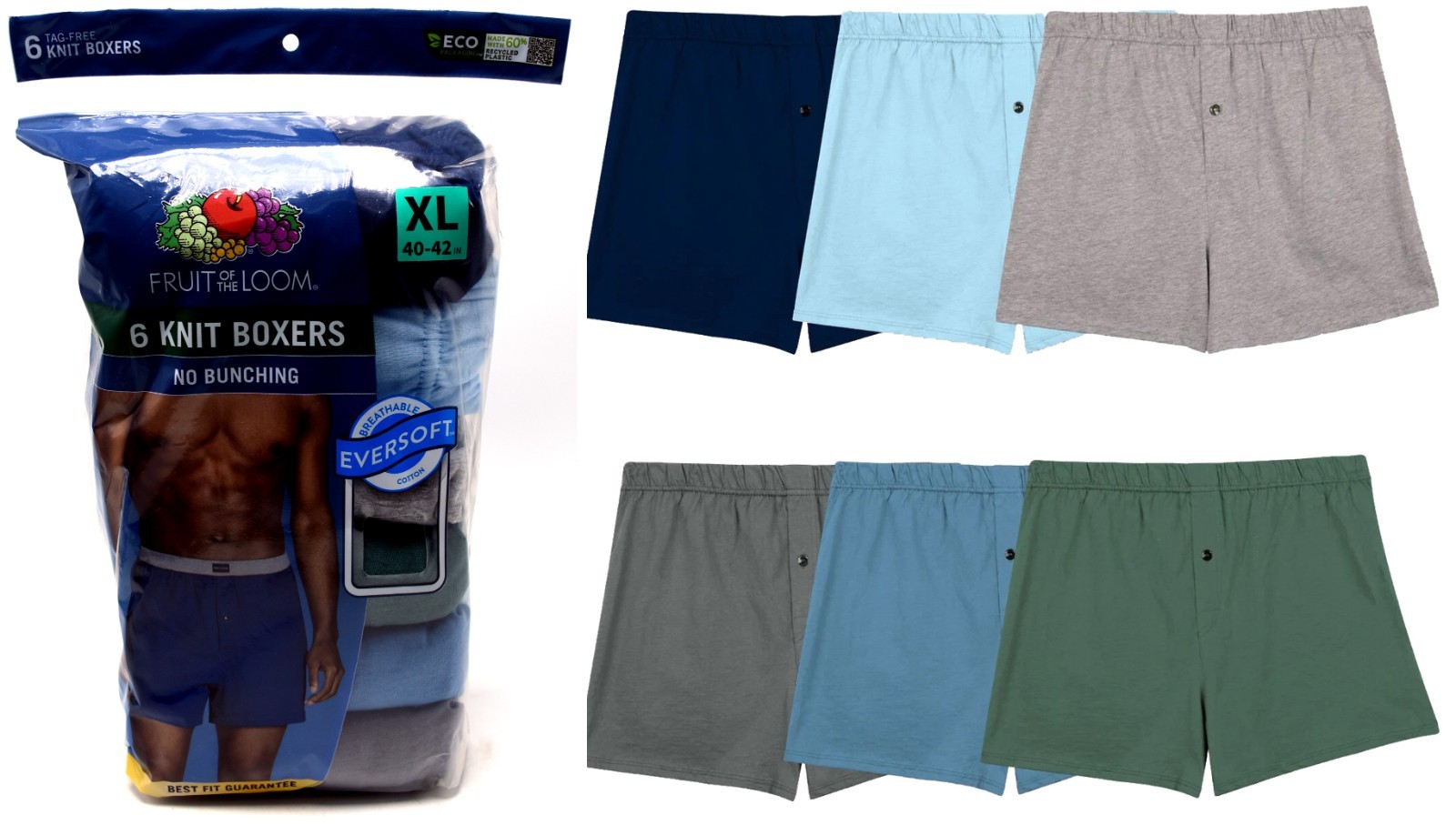 6 Blue Gray Green Knit Boxers XL 40-42 Inch Fruit Of The Loom EG 102-107 CM
