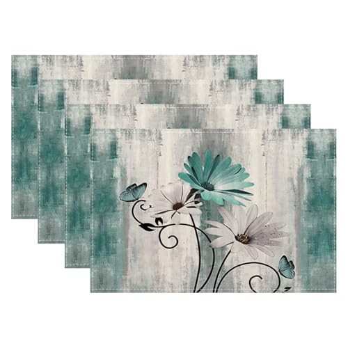 Floral Placemats 12x18 Inches Set of 4, Teal Blue Daisy Floral Decorative
