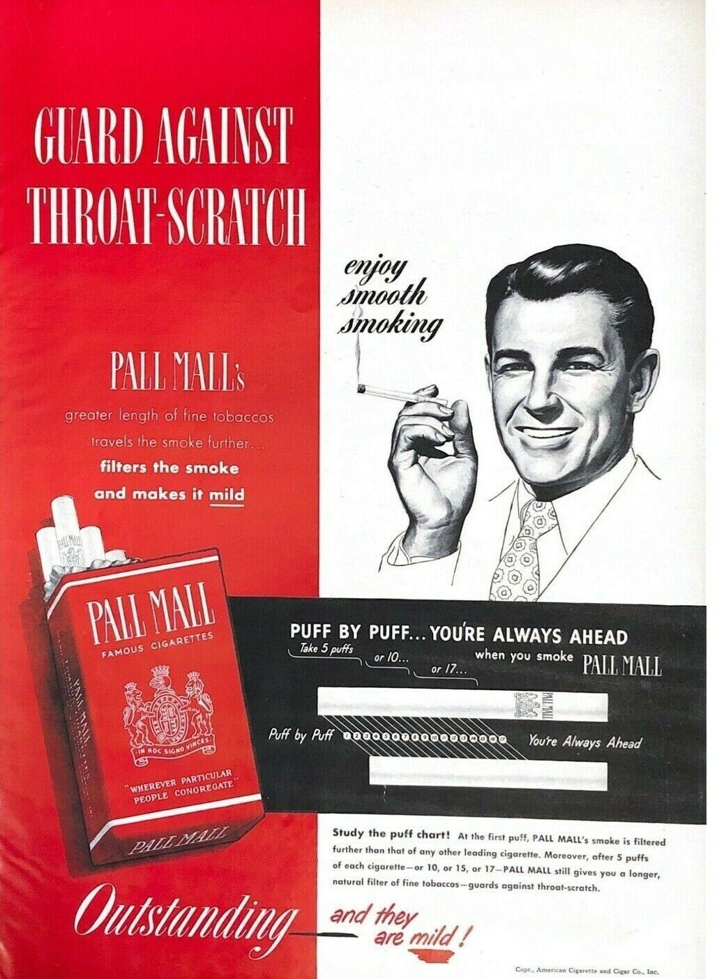 1950 Pall Mall Cigarettes Vintage Print Ad Guard Against Throat Scratch
