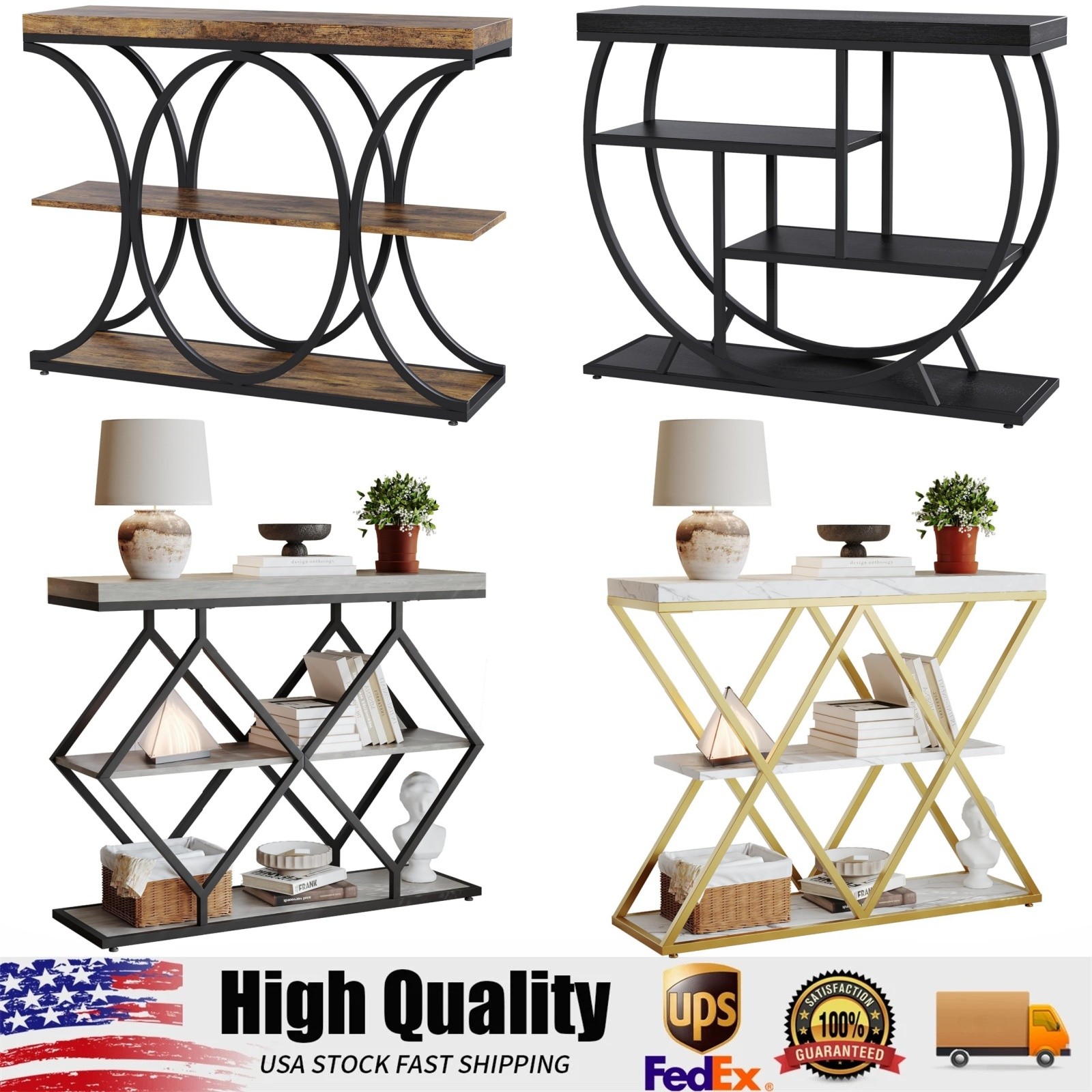 3-Tier Industrial Entryway Table with Metal Frame, Open Shelf Console Sofa Table