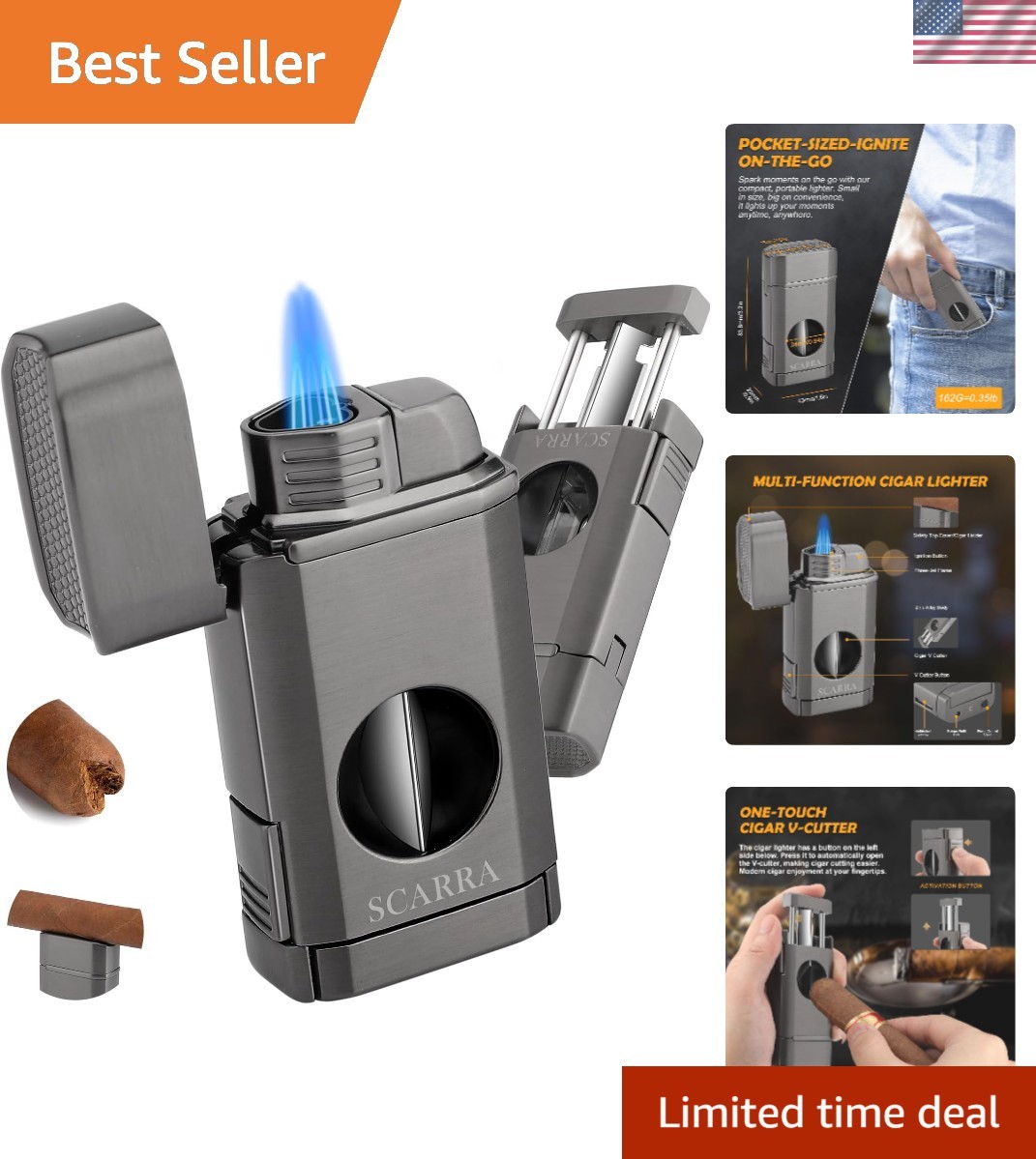 Cigar Torch Lighter, Multi-Function 3-in-1 Torch Lighter Gift for Men, Butane...