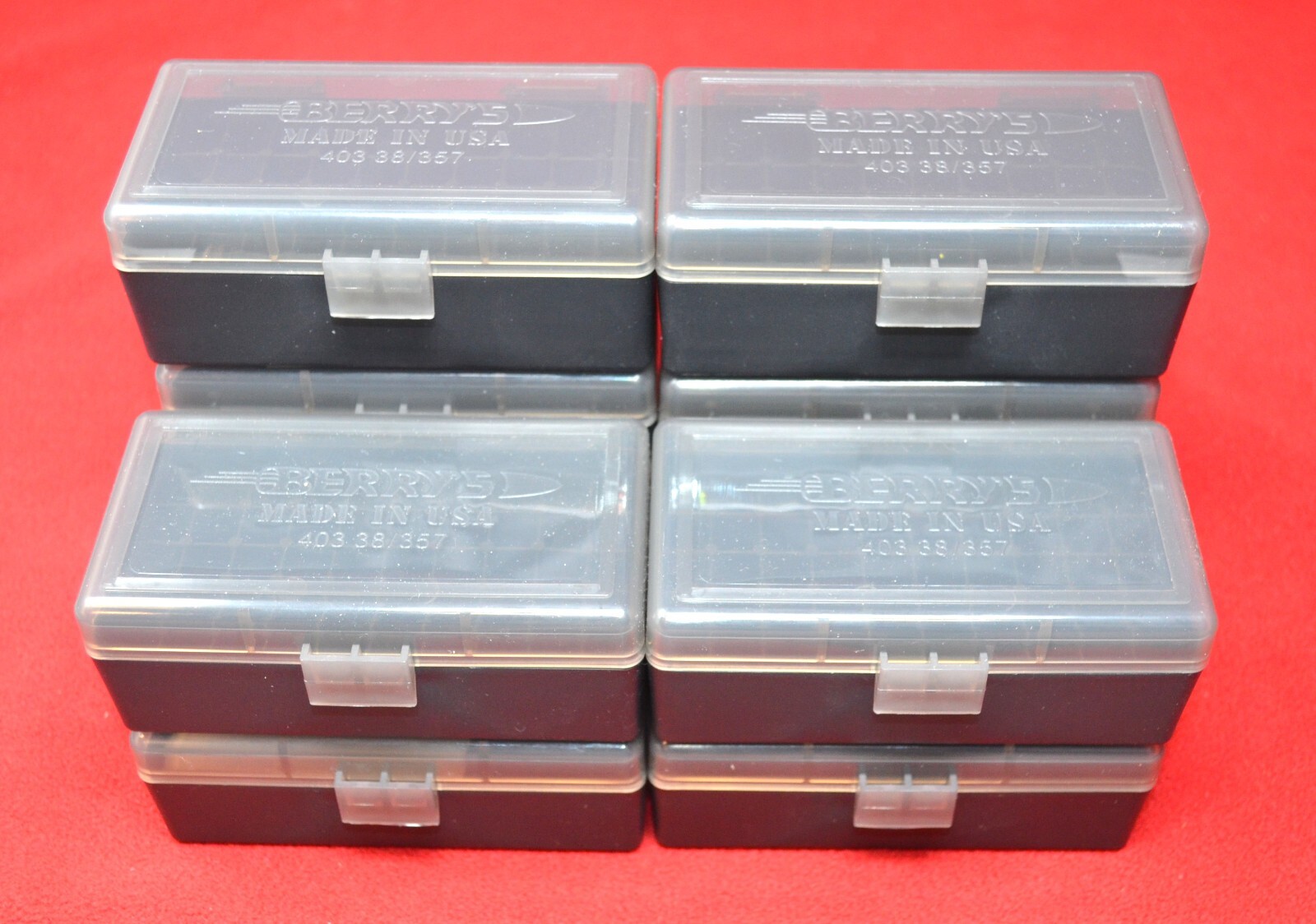 10 x BERRY'S PLASTIC AMMO BOX, SMOKE/BLACK 50 Round 357/38 -