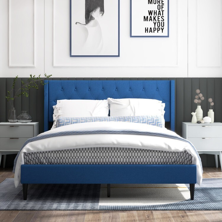 Queen Size Platform Bed Frame Upholstered With Button Tufted Wingback Headboard