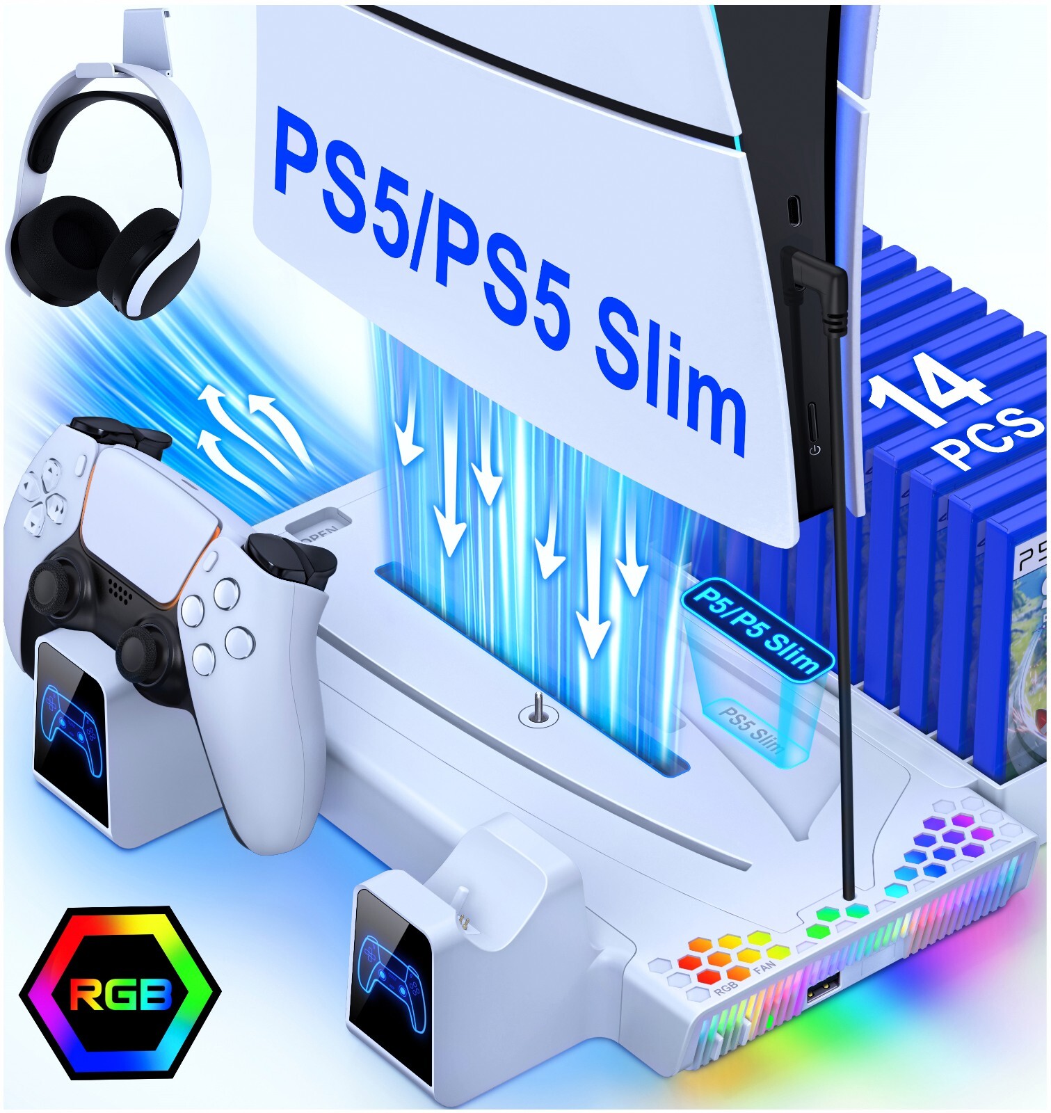PS5 Slim Controller Charger+Cooling Station for PS5 Slim&Edition /Disc Version