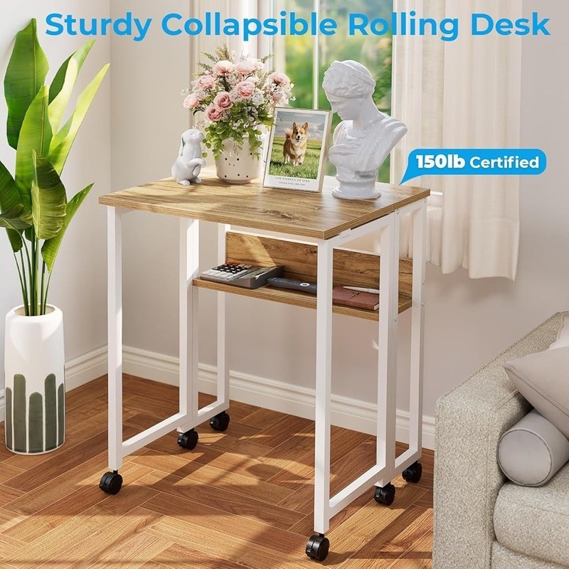 Portable Folding Desk W/ Locking Wheels Storage Shelf Mobile Workstation New