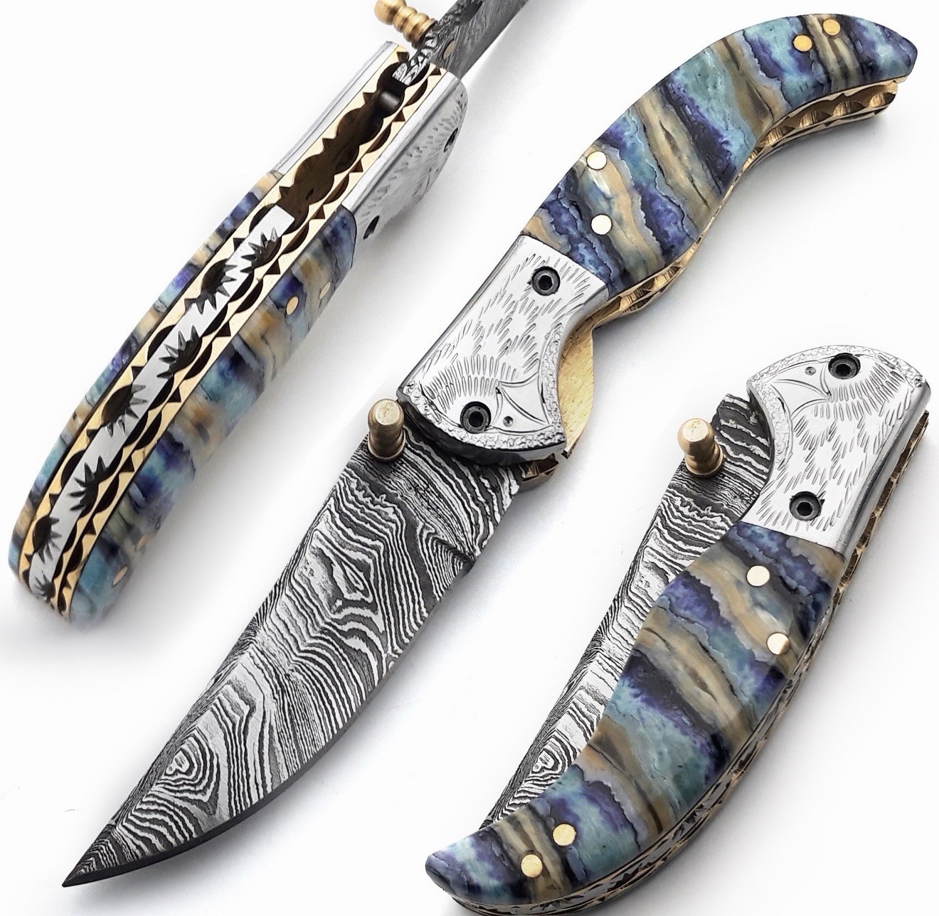 Handmade Damascus Steel Folding Knife: Brass Guard, Leather Sheath