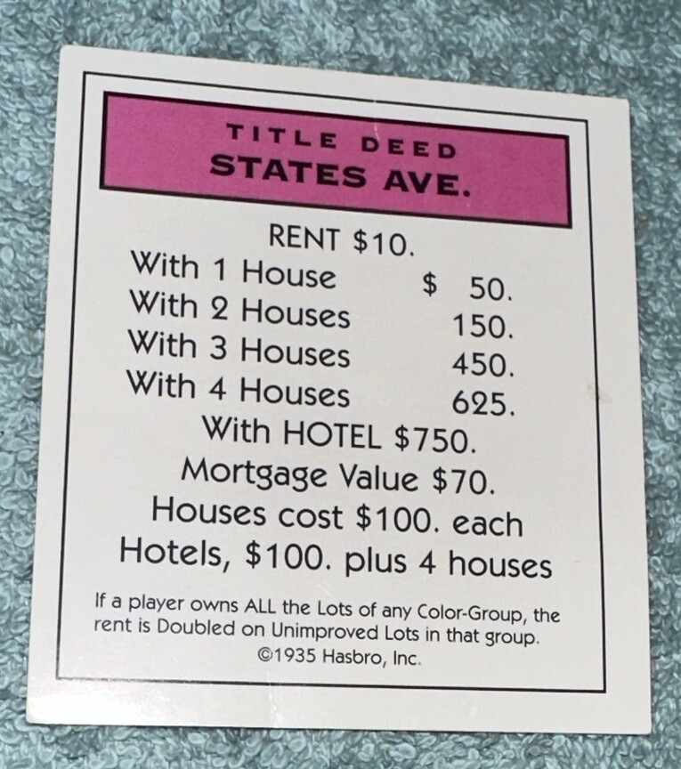 1997 Parker Brothers Monopoly Replacement States Avenue Property Card