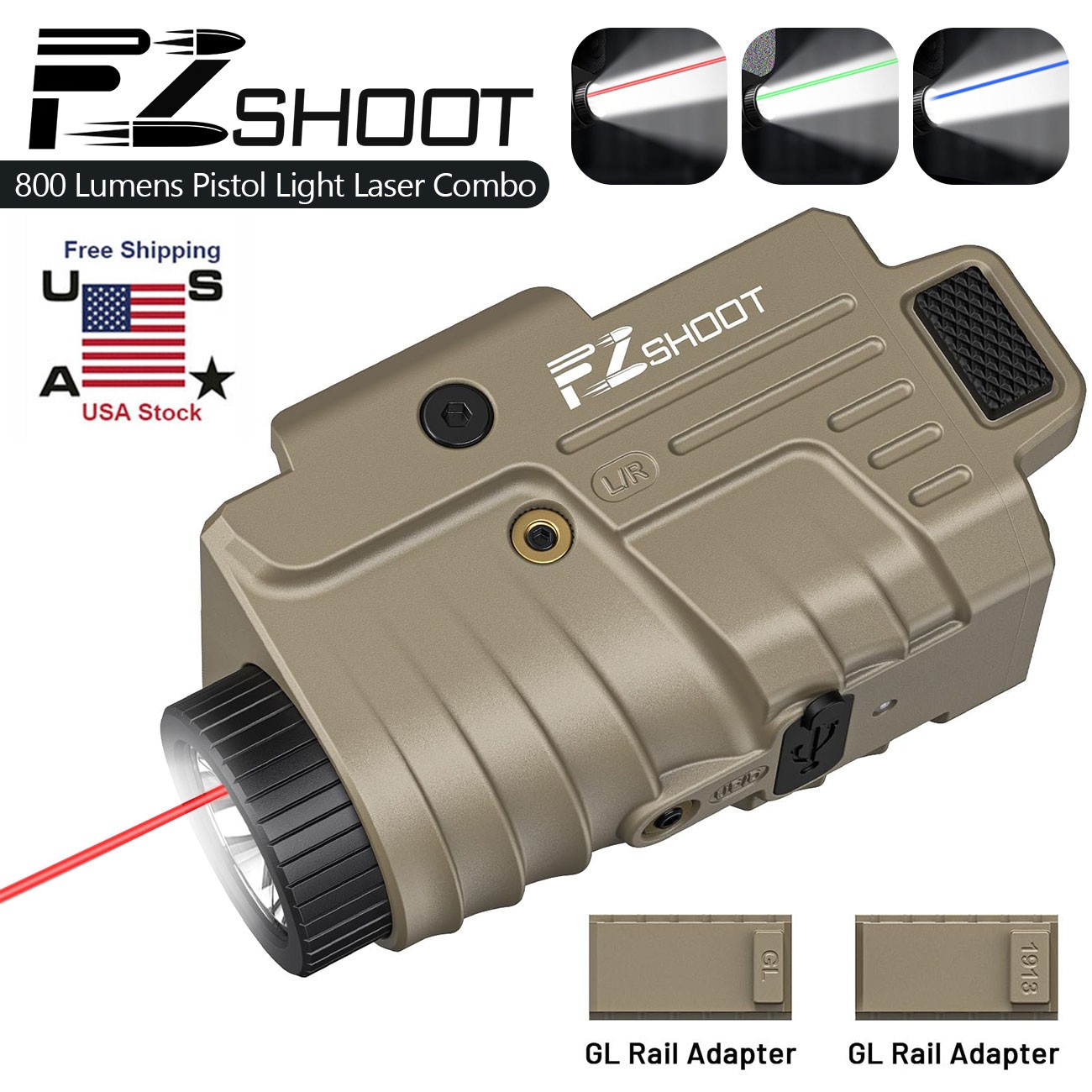 800 Lumens Red/Green/Blue Laser LED Light Combo For Glock/Picatinny Rail Pistols