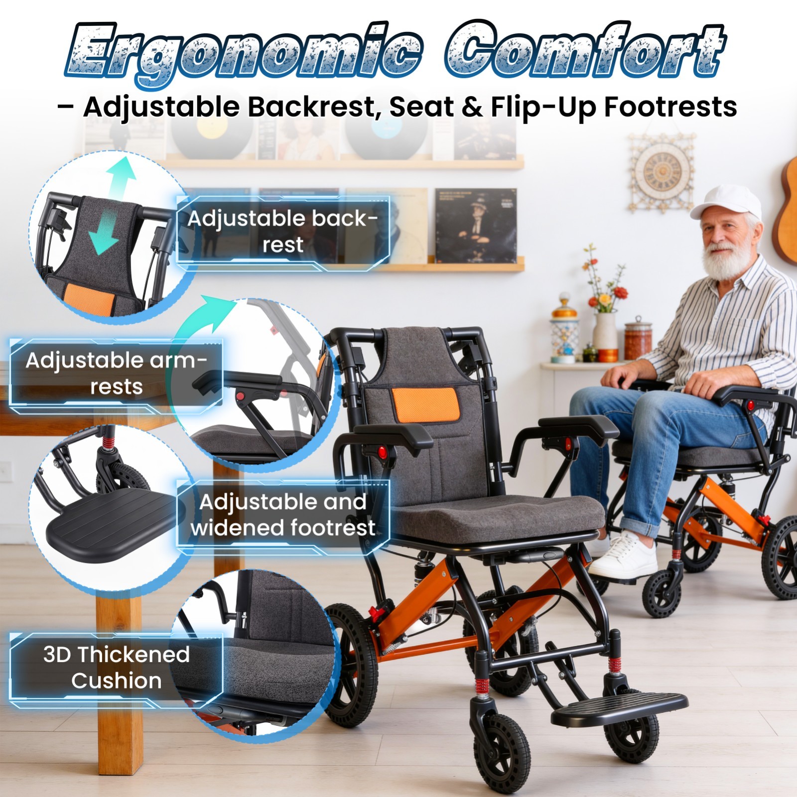 24lbs Lightweight Transport Wheelchair, Adjustable Backrest, Telescopic Handle