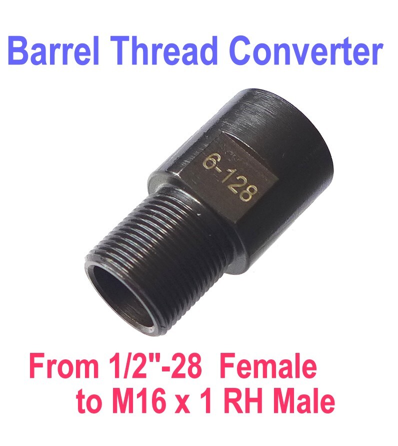 Muzzle / Barrel Thread Adapter From 1/2"-28 female to M16x1 RH Male, 0.39" Hole