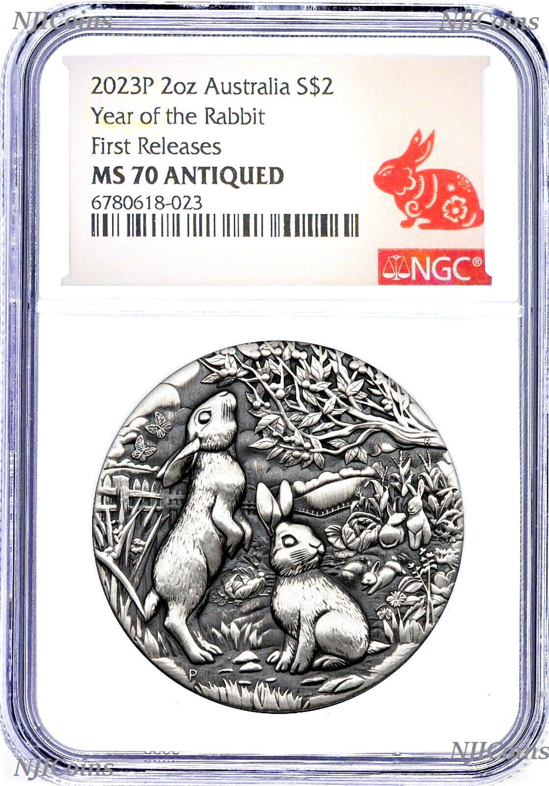 2023 Australia Antiqued LUNAR Year of the RABBIT 2oz $2 Silver Coin NGC MS70 FR