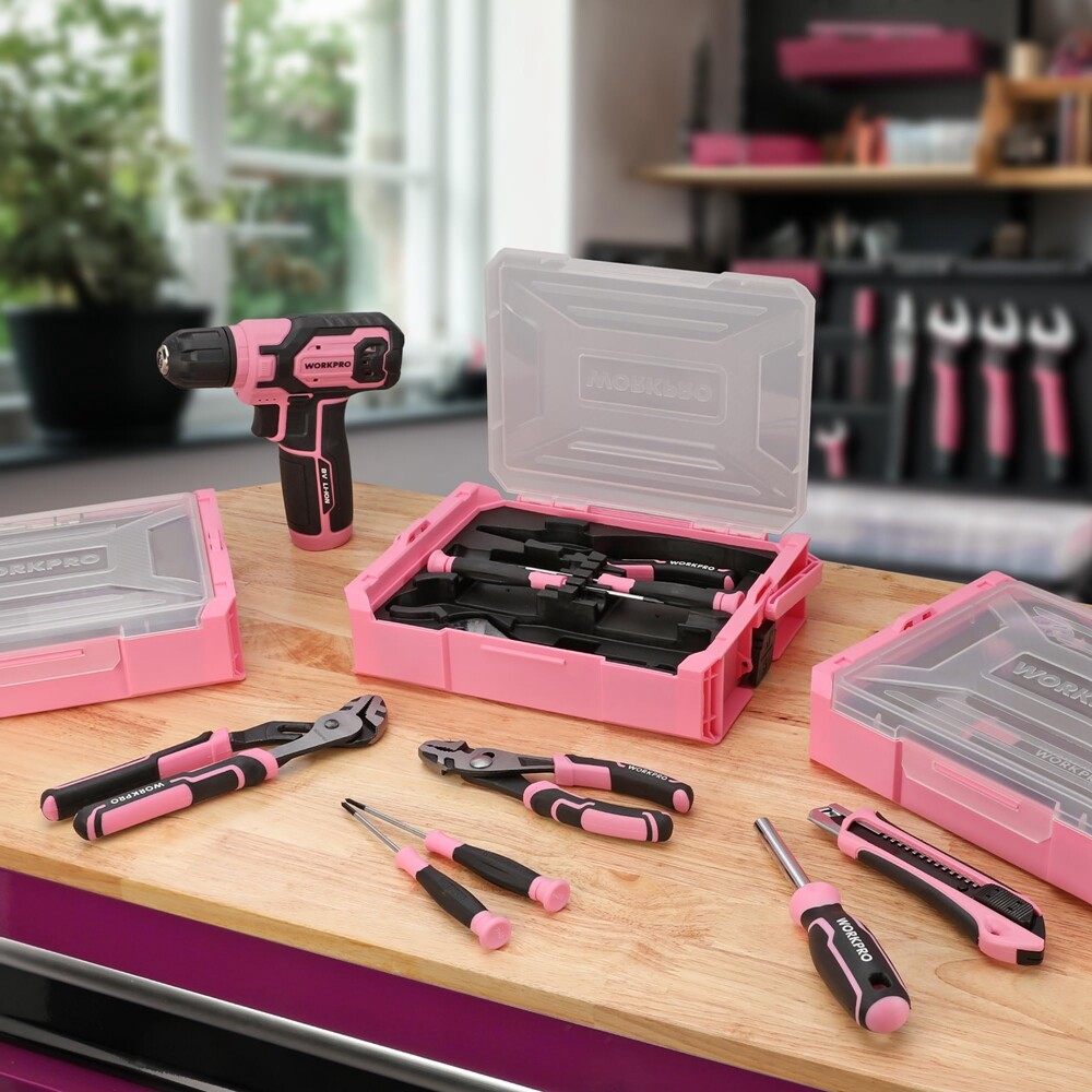 WORKPRO Cordless Drill Driver 43PCS Pink Tool Set 8V Lithium-ion Power Drill Bit