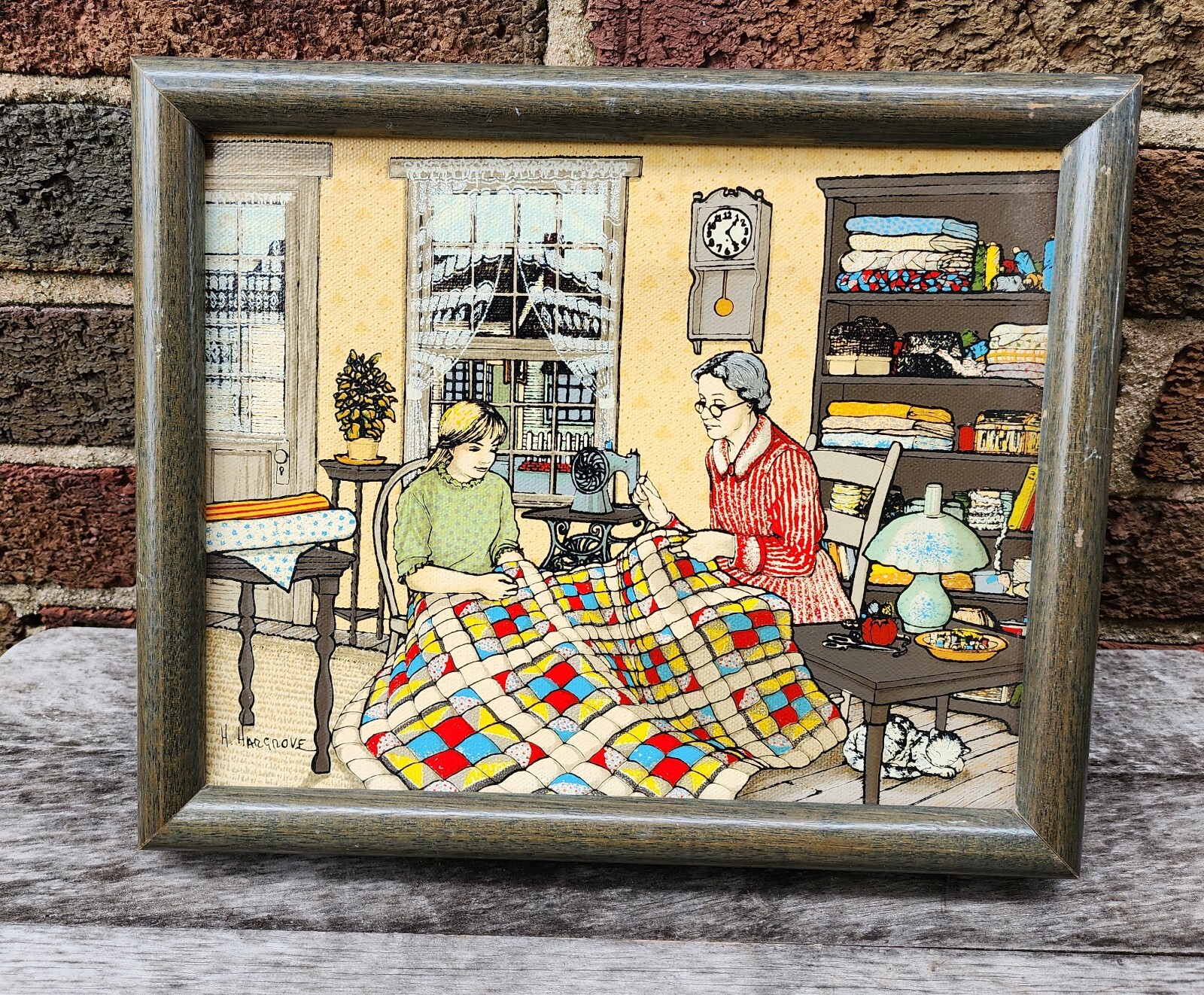 H. HARGROVE Family Quilting Scene SERIGRAPH Patchwork Quilt Wood Frame w Hanger