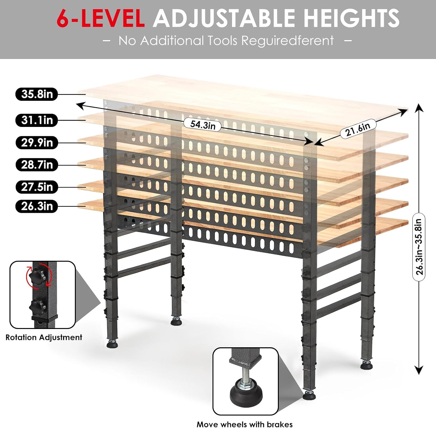 54.3 "Adjustable Workbench W/ Power Outlet Heavy Duty 2000 LBS Load Capacity