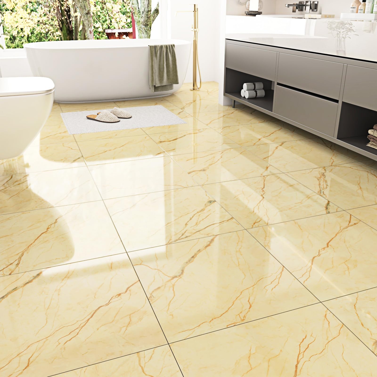 Yellow Marble Peel and Stick Floor Tiles Waterproof Vinyl Tiles Peel and Stic...