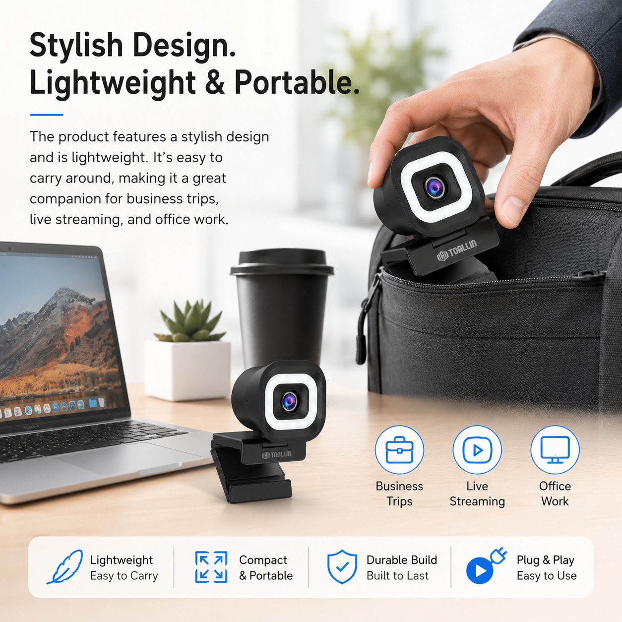 TOALLIN 4K UHD PDAF Webcam 5-level adjust Ring Light,Plug & Play,USB Connection