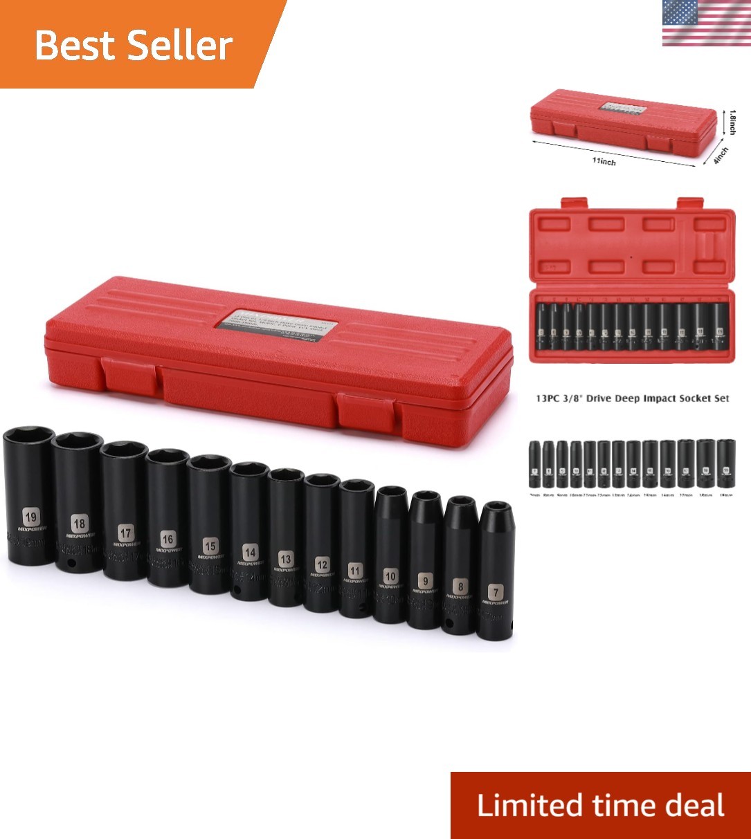 13 Pieces 3/8-Inch Drive Deep Impact Socket Set, 7mm to 19mm, CR-V, Metric, 6...