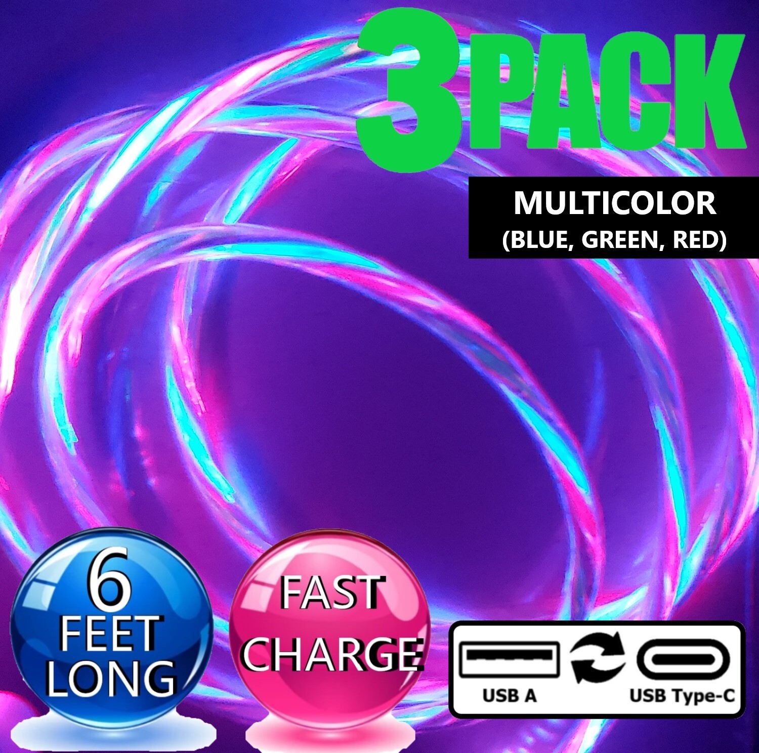 3 Pack LED Flowing Type C Fast Charge USB Cable for Galaxy A06 A14 15 16 25 35 5