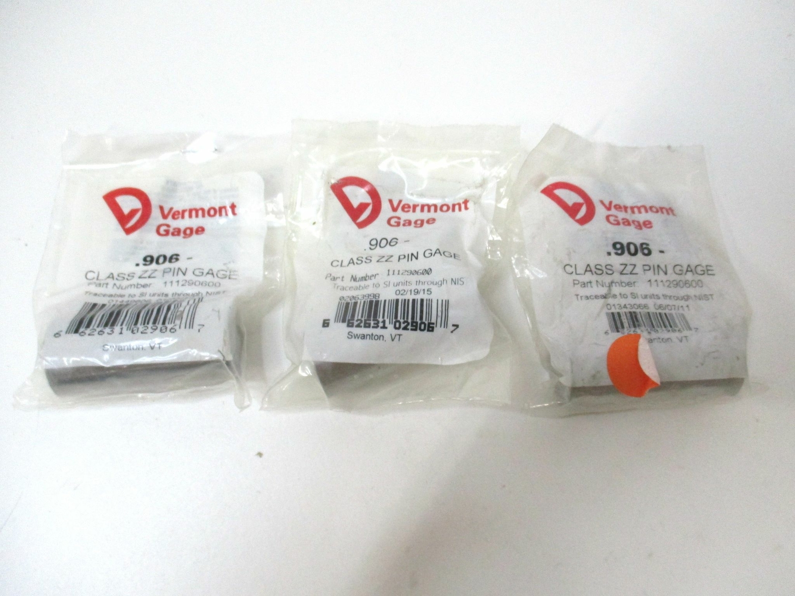 Vermont Gage (111290600) 0.906" Tolerance Class ZZ Steel No-Go Pin Gage - Qty 3