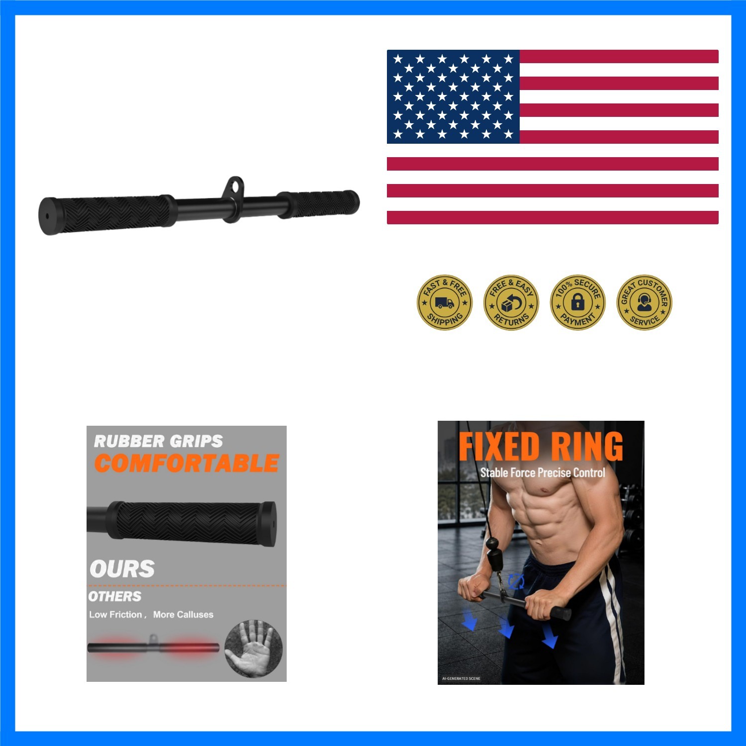 Straight Bar Cable Attachment, Non-Slip Tricep Bar for Tricep Pull Down, LAT ...