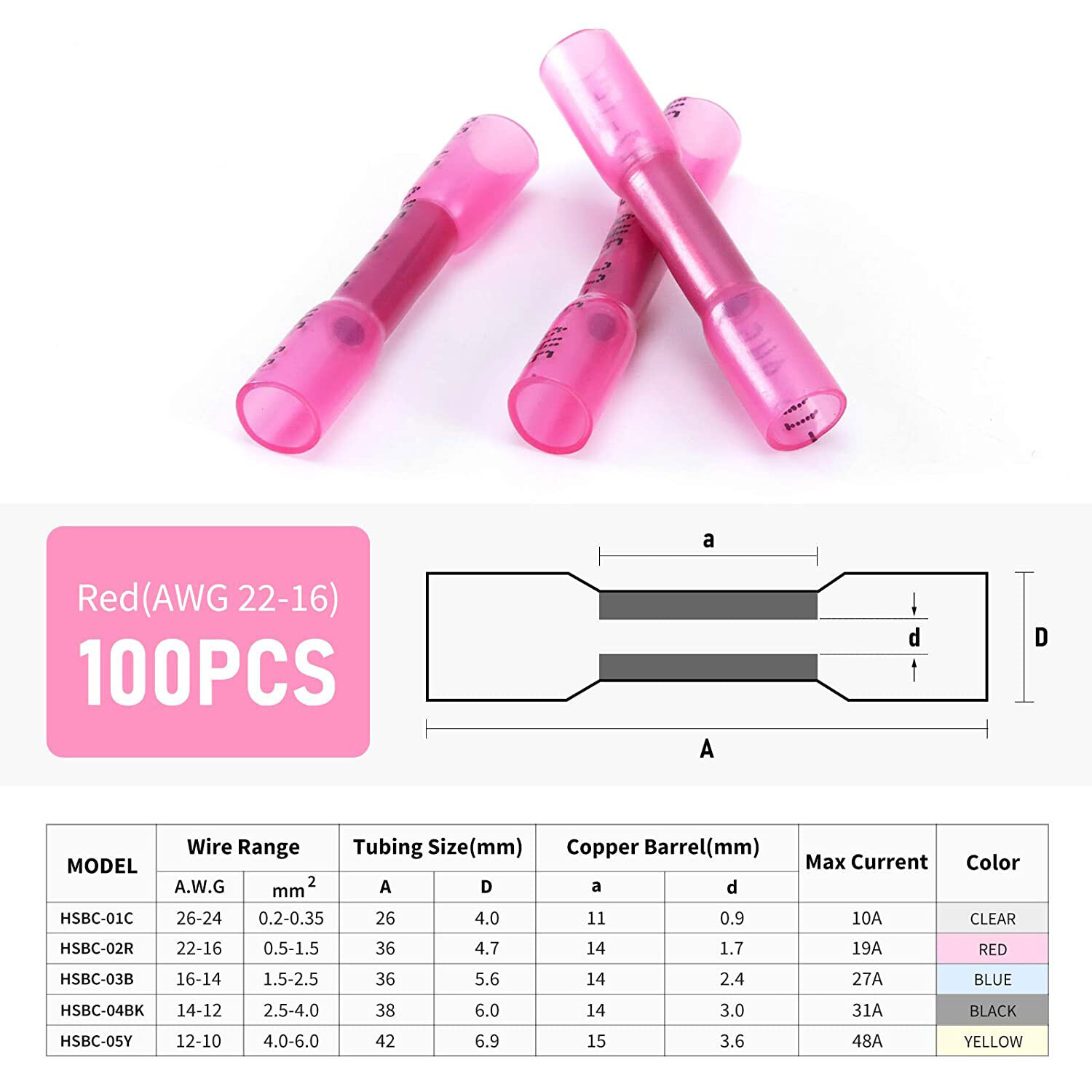 100 Insulated Electrical Wire Connectors Automotive Crimp Terminals Butt Splices