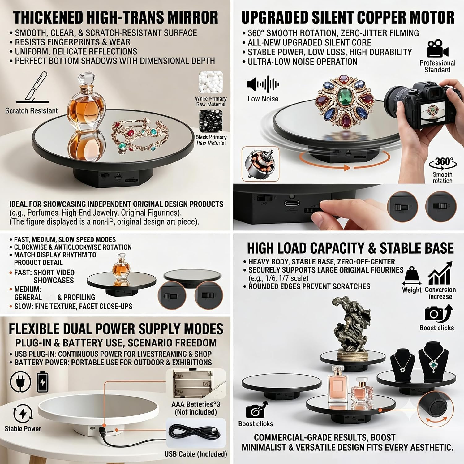 Motorized Rotating Display Stand, 10inch /11Lbs Load ,Mirror Cover ，360 Degree E