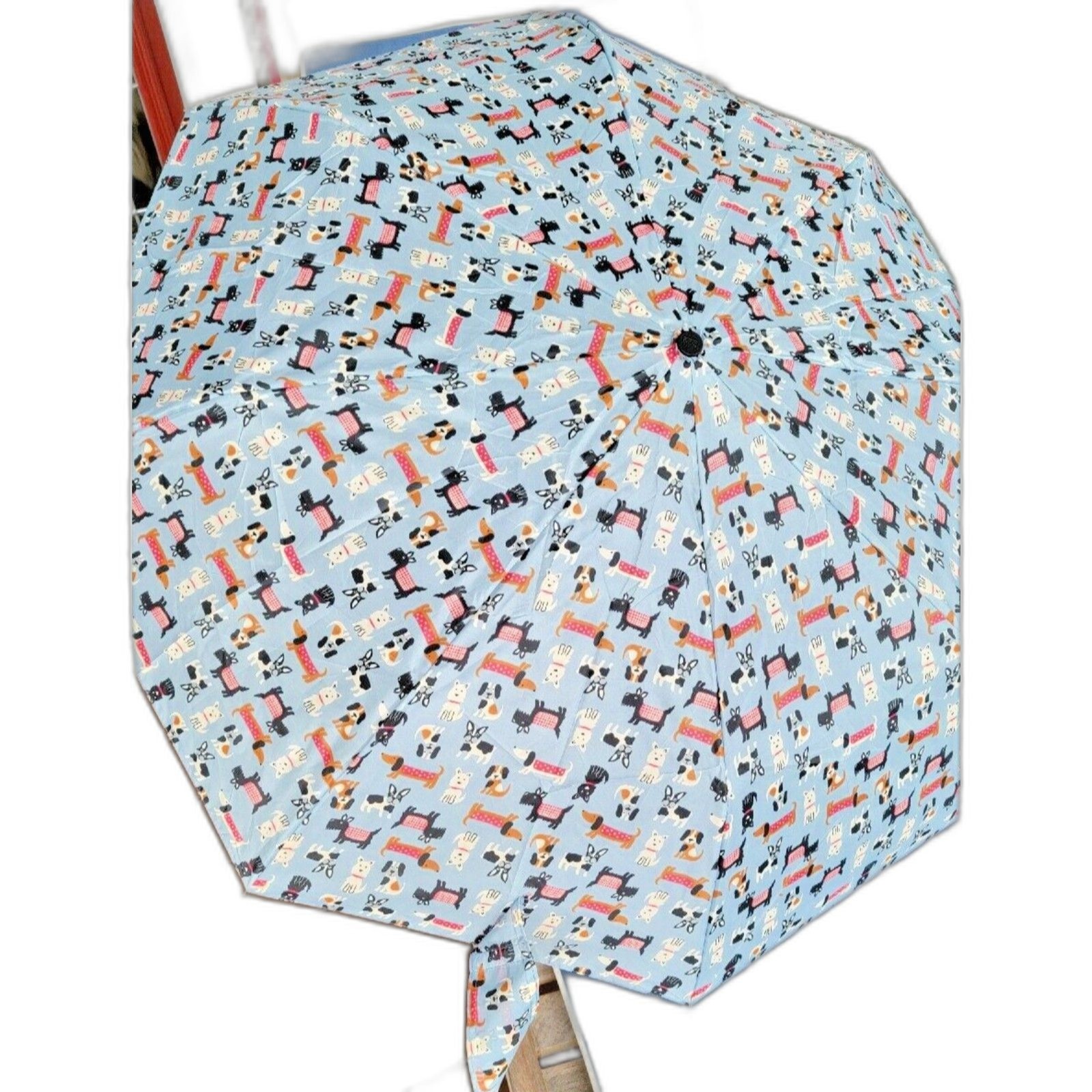 TOTES Automatic Compact Umbrella Recycled Fabric Dog Pattern- New w Tags