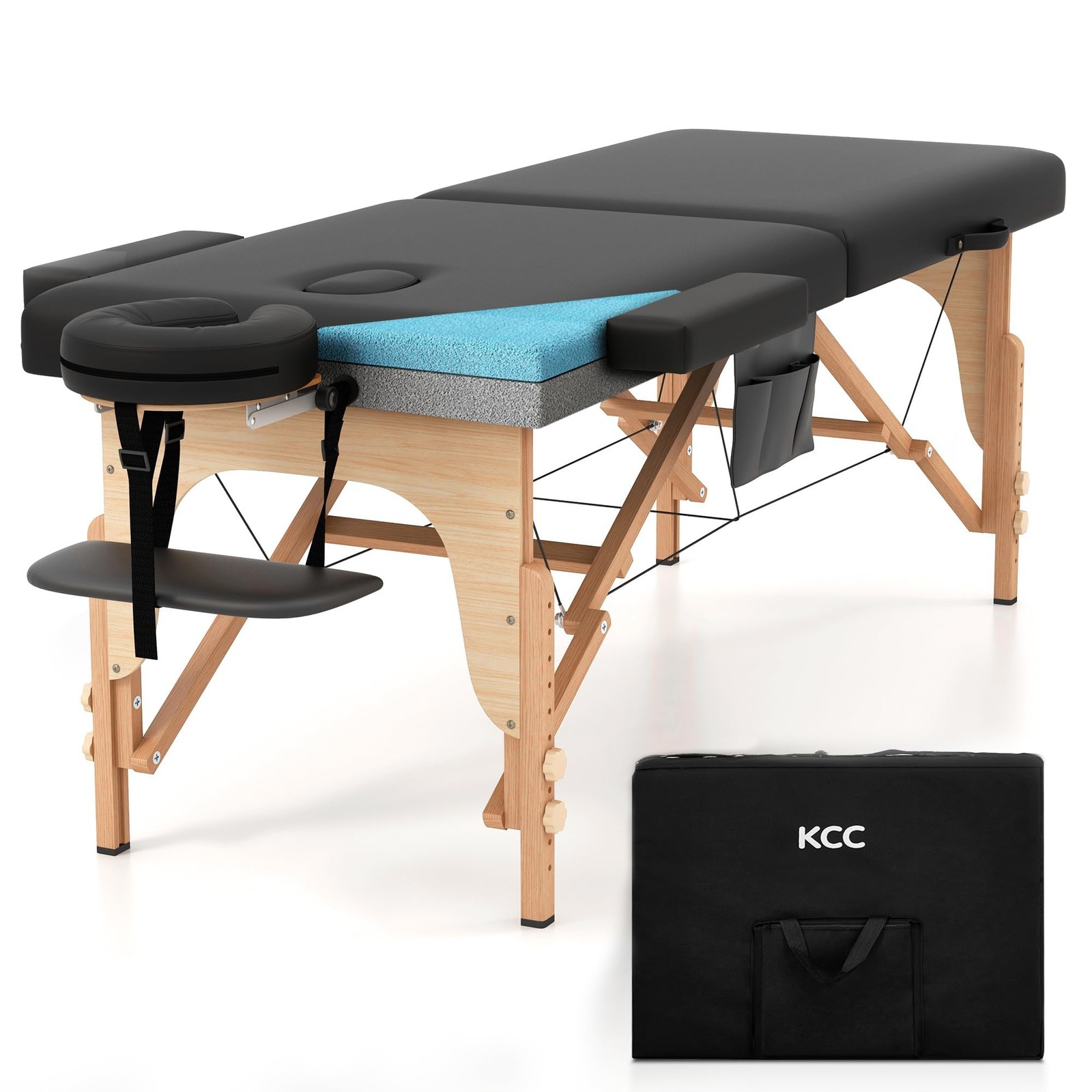 KCC Memory Foam Massage Table Premium Portable Wooden Leg(28'' Wide), Black