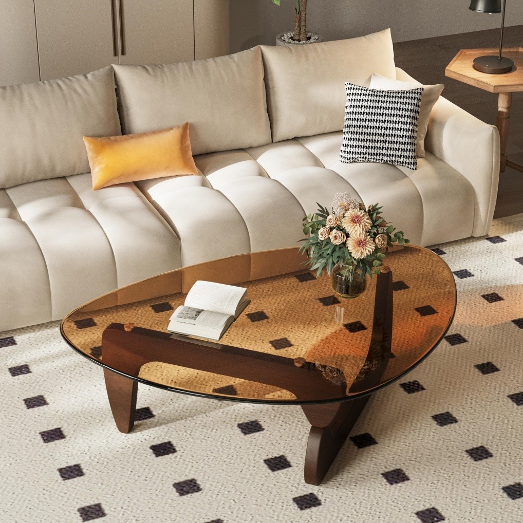 Noguchi Coffee Table Triangle Glass Top Premium Solid Hardwood Base Dark Walnut