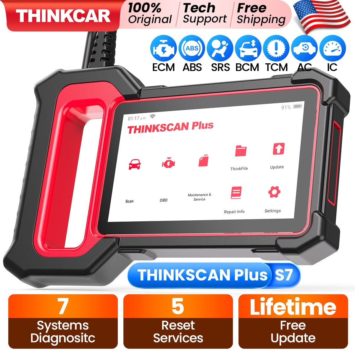 Thinkscan Plus S7 Engine ABS SRS Car Diagnostic OBD2 Code Reader Auto Scanner US