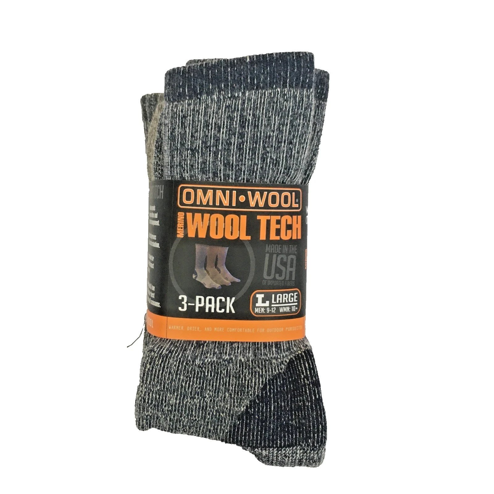 Omni Wool 3-Pack Merino Wool Tech Moisture Management Sock Size Large Unisex NWT