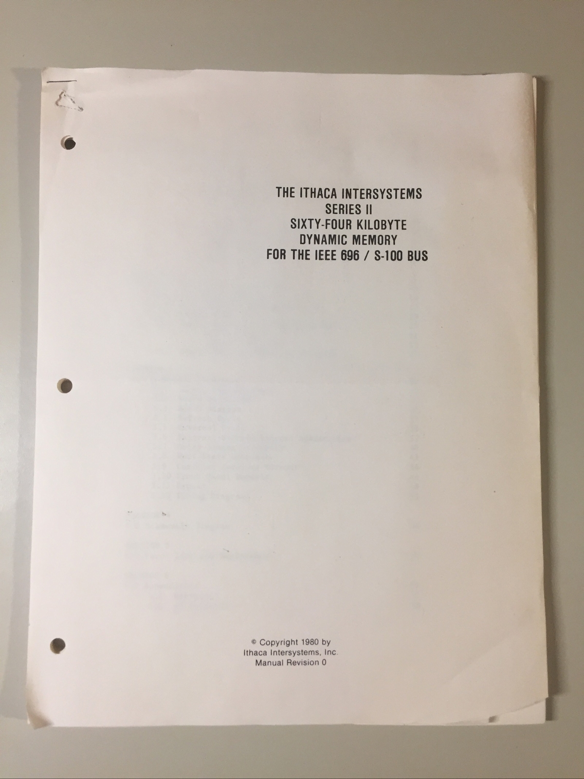 Vintage 1980 ITHACA SERIES II 64 K Dynamic Memory For IEEE/696 S100 BUS MANUAL