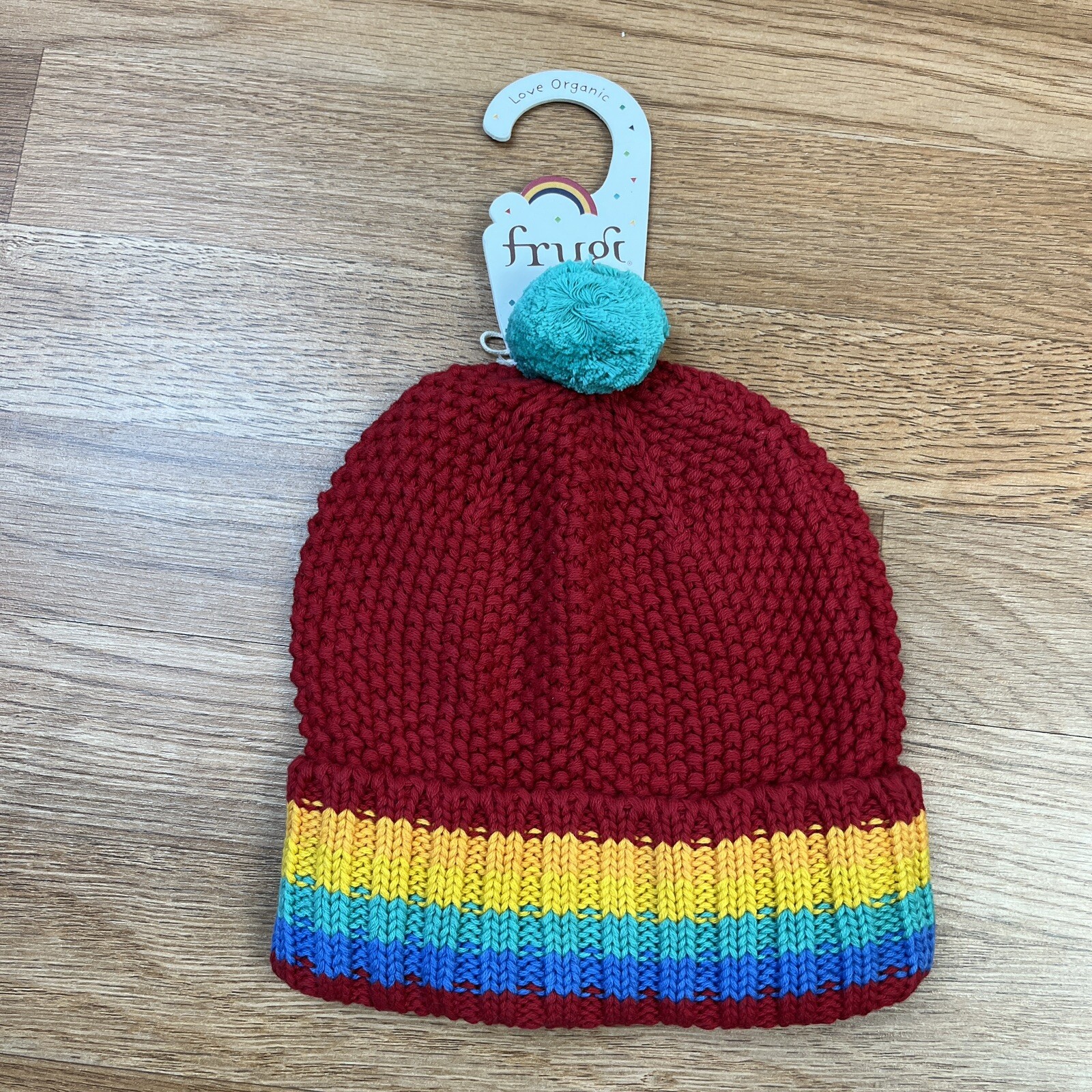 Frugi Blizzard Bobble Hat Tango Red/Rainbow Kids 2-6 Years Winter Beanie NEW