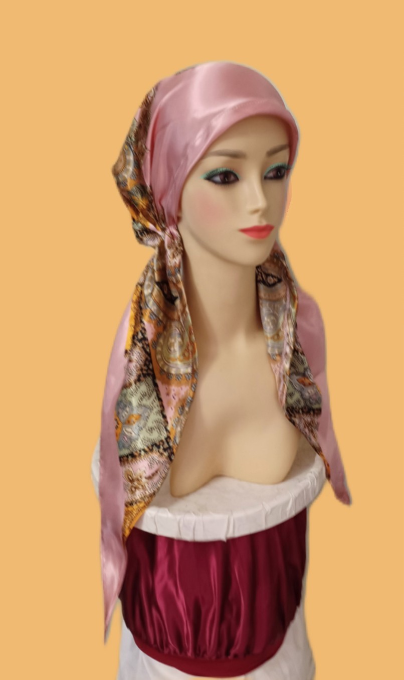 PRE-TIED Silky SCARF.Snood Tichel Head Covering Muslim. & Multicolor/ Pink